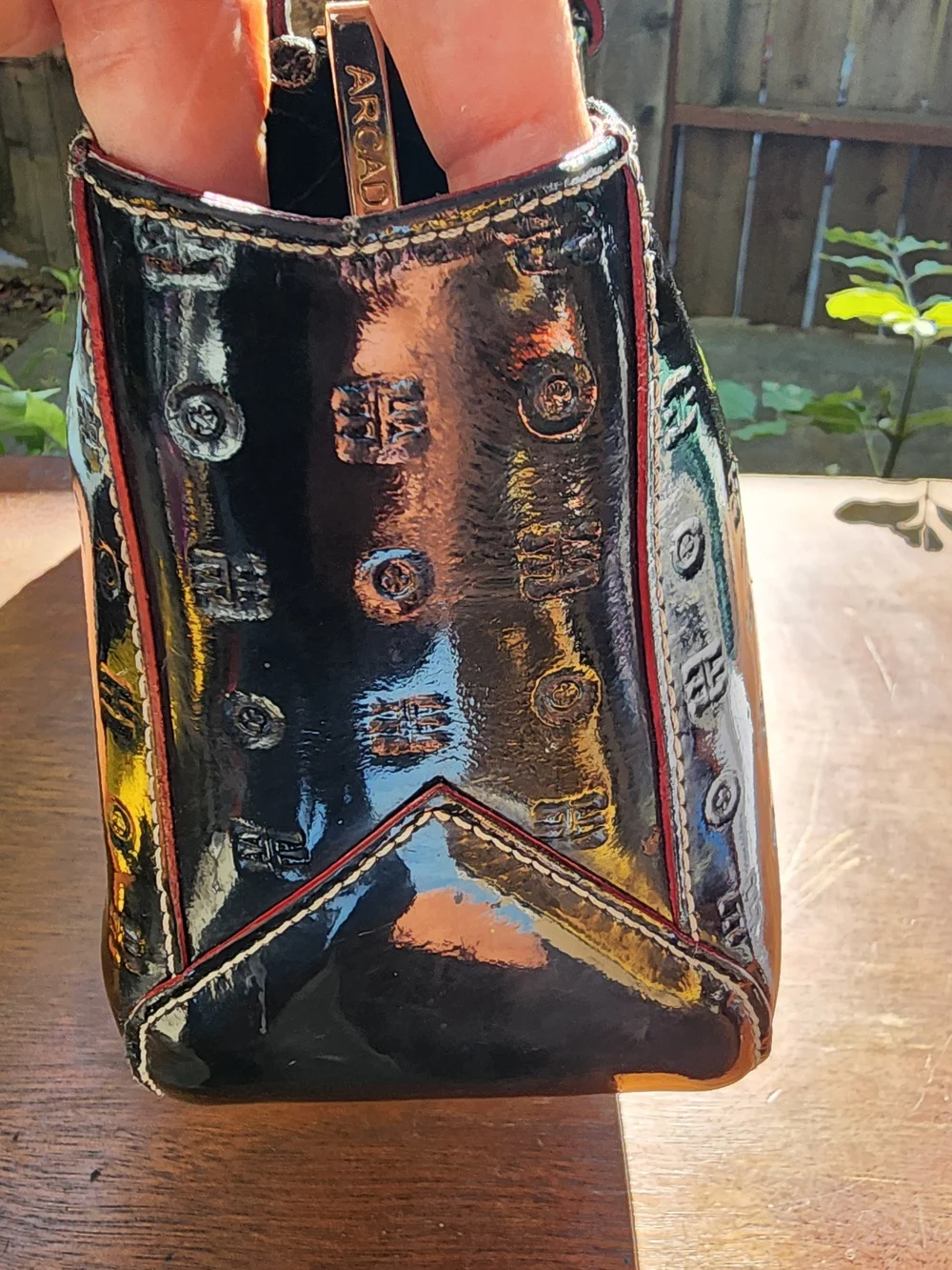 Arcadia Italy Black Patent Leather Embossed Logo Baguette Shoulder Bag Red Trim